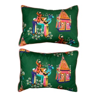 1990s Large Custom Made Oriental Pagoda Pink Velvet and Green Fluffy Down Pillows - a Pair For Sale