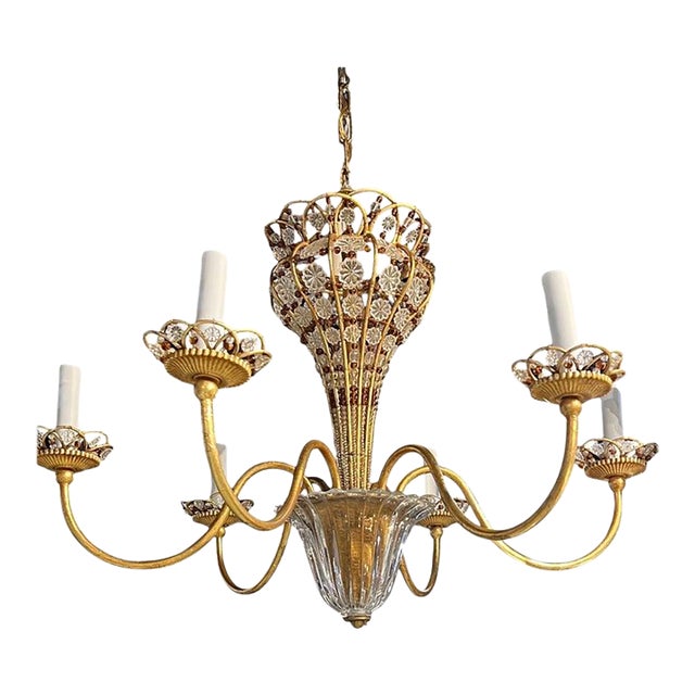 1940 French Gold Leaf Metal Chandelier 6 Lights For Sale