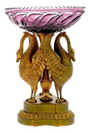 Russian Ormolu & Amethyst Glass Swan Centerpiece, Atrib to Imperial Glass Works