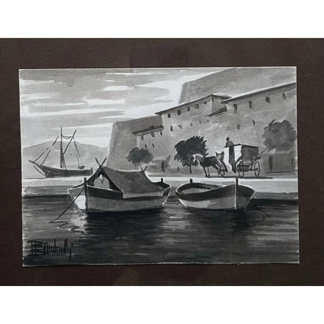 Black Vintage 1960’s Black & White Watercolors of Various Fishing Boats ~ Framed Set of 7 For Sale - Image 8 of 11