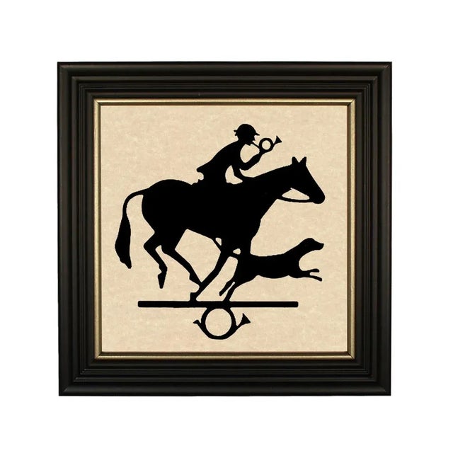 English Hunter With Bugle and Hound Framed Paper Cut Silhouette in Black Wood Frame With Gold Trim For Sale - Image 3 of 3