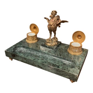 19th Century French Green Marble and Bronze Rooster Inkwell Signed Melotte For Sale