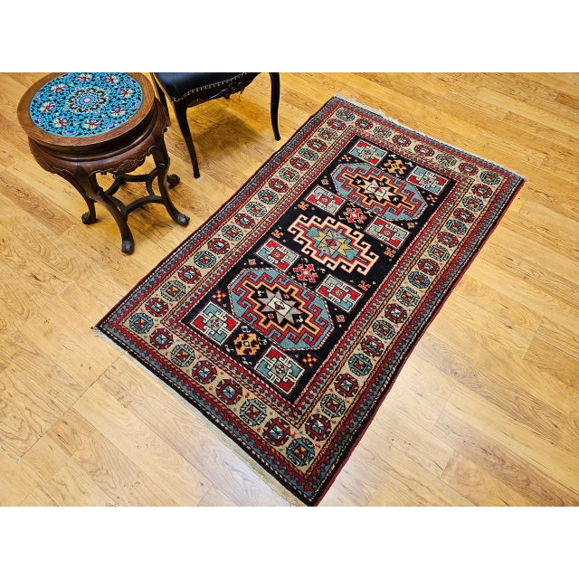Vintage Persian Kurdish Rug, Hand-Knotted Wool, Geometric Pattern, Navy & Tan, 3x5 For Sale - Image 12 of 18