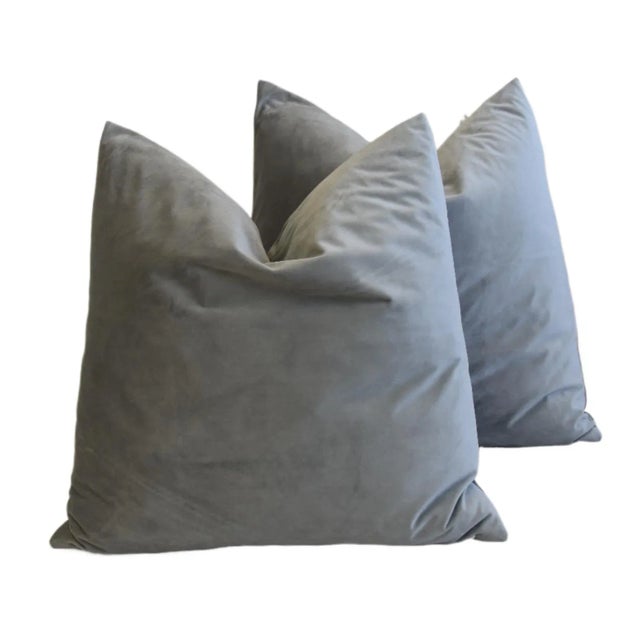 Early 21st Century Double Sided Gray Velvet Feather/Down Pillows 20" Square - Pair For Sale - Image 5 of 7