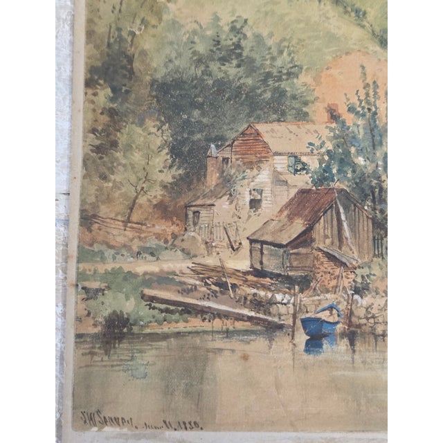 Tan Landscape Scene With House and Mill, Watercolor, j.w. Spaveil June 11 1886 For Sale - Image 8 of 9