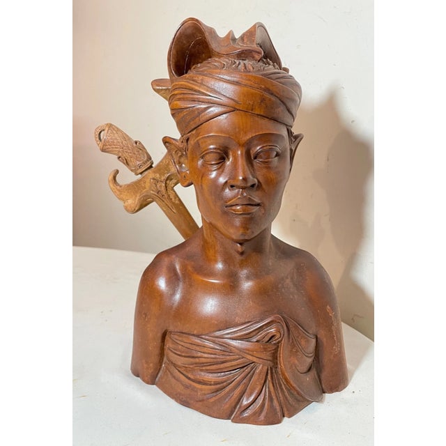 1940s Carved Wood Balinese Indonesian Man Sword Bust Sculpture Letter Opener For Sale - Image 11 of 13