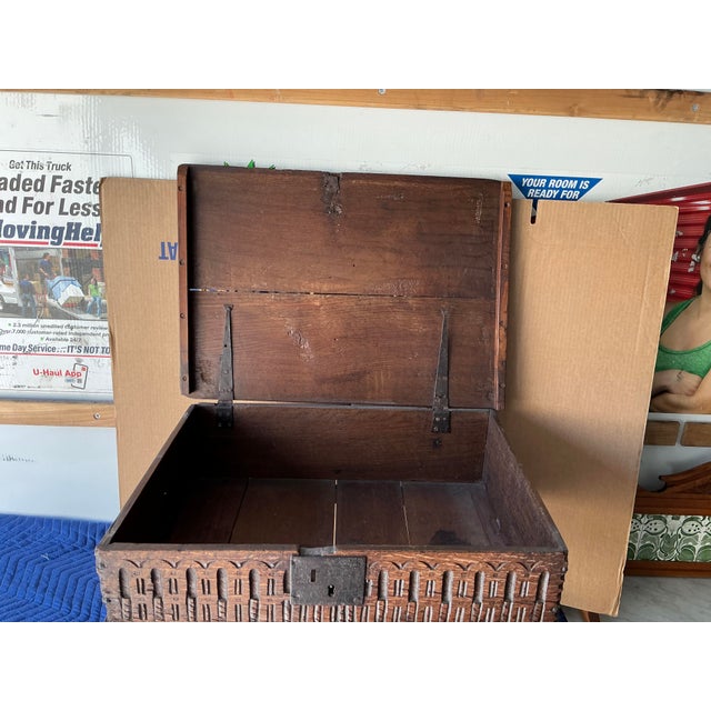 Brown Gothic Style Antique Carved Oak Travel Chest on Stand For Sale - Image 8 of 9