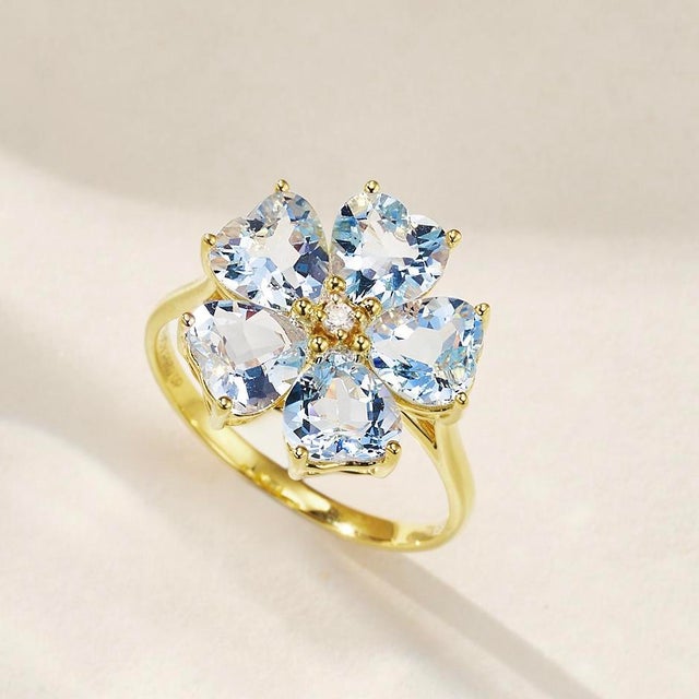 Nina Zhou Jewelry Nina Zhou Aquamarine Diamond Cherry Blossom Ring in 14k Yellow Gold, Size 6 For Sale - Image 4 of 11
