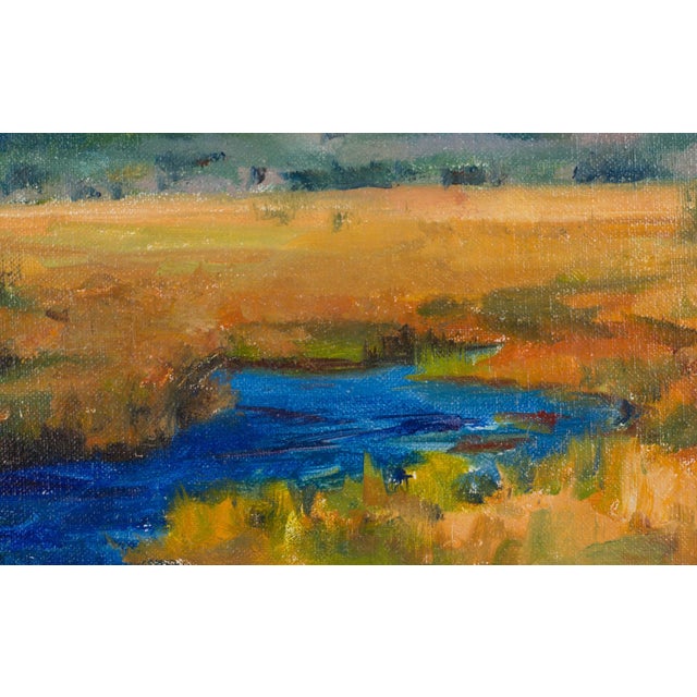This oil on panel artwork captures a serene Colorado landscape, featuring rolling hills and majestic mountains under a...