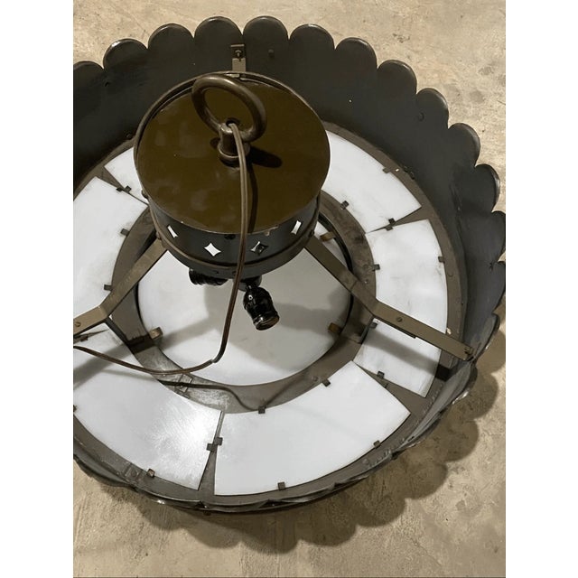 Early 20th Century Vintage Gothic Style Milk Glass and Metal Pendant Hanging Light For Sale - Image 5 of 11