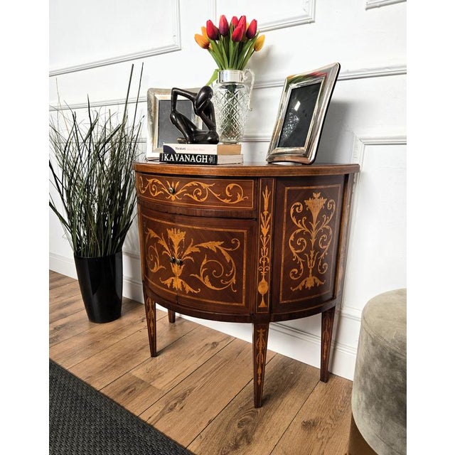 Neoclassical Demi-Lune Commode in Marquetry Inlay Burl Wood, 1960s For Sale - Image 3 of 9
