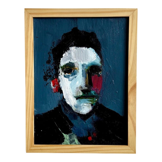 Vintage Boho Abstract Figurative Portrait in Light Wood Frame For Sale