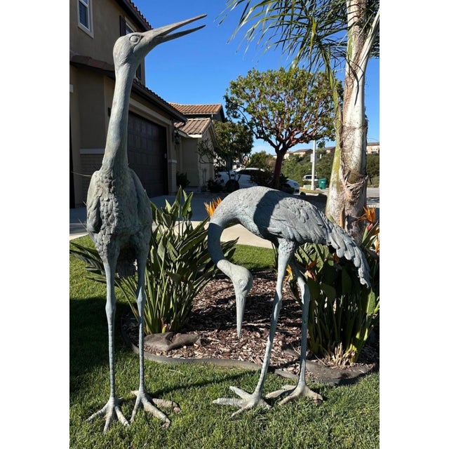 Metal 1920s Monumental Pair of Life-Size Bronze Crane Garden Sculptures With Verdigris... For Sale - Image 7 of 18