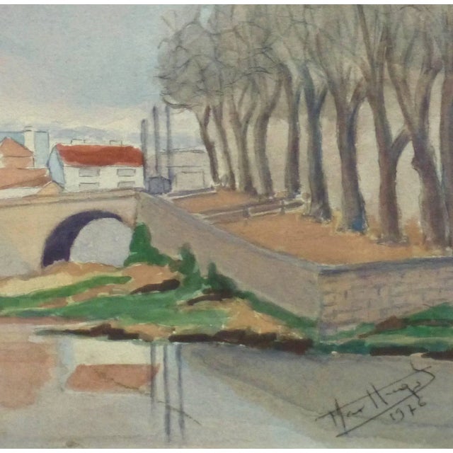 Traditional Vintage French Watercolor Landscape - Pont Du Buis Bridge (Aurillac, France) For Sale - Image 3 of 5