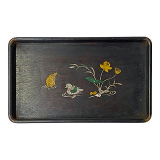 Chinese Rectangular Mother of Pearl Flower Birds Theme Wood Tray For Sale