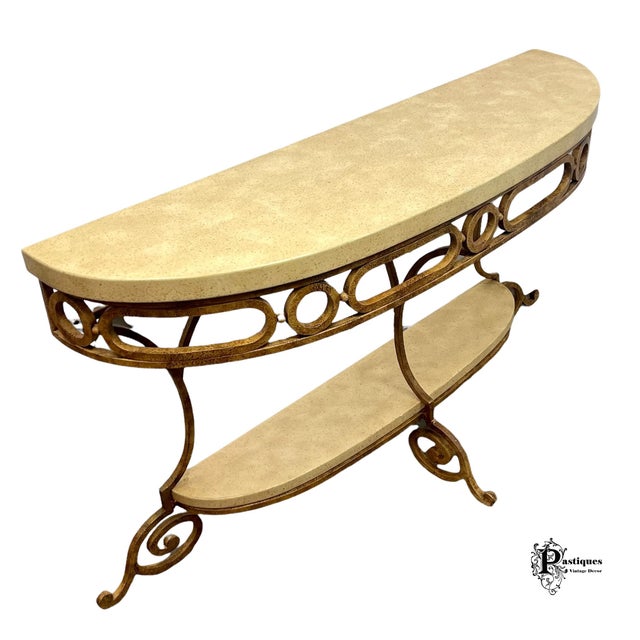 Vintage Henredon Tuscan Style Faux Marble & Wrought Iron Console Table