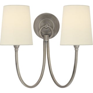 Thomas O'Brien for Visual Comfort Signature Reed Double Sconce in Antique Nickel with Linen Shades For Sale