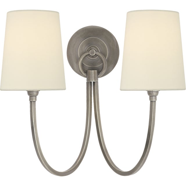 Reed Double Sconce in Antique Nickel with Linen Shades Designer: Thomas O'Brien Finish: Antique Nickel Height: 13" Width:...