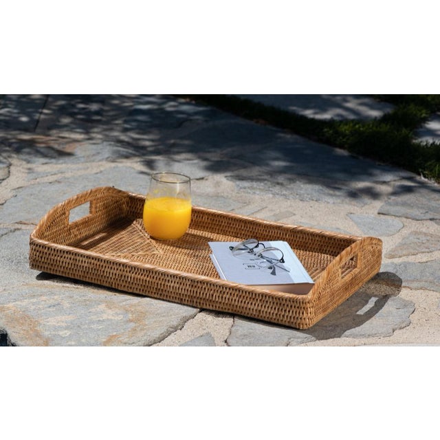 2020s Artifacts Rattan Rectangular Serving Tray with High Handles in Honey Brown - 21" For Sale - Image 5 of 10