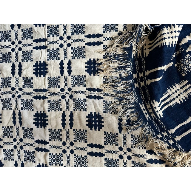 Antique 19th Century Hand Loom Woven Blue and White Coverlet For Sale - Image 13 of 16