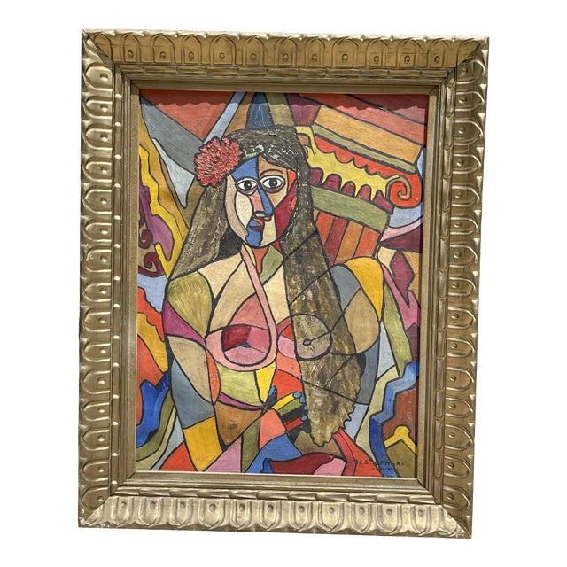 1945 Cubist Style Figurative Female Portrait Painting, Framed For Sale
