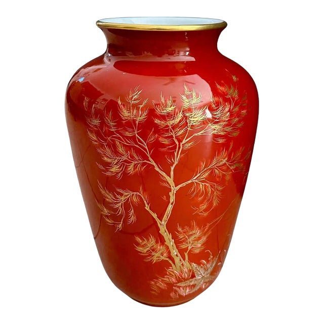 Large Chinoiserie Orange Red Porcelain Hutschenreuther Sleb Vase For Sale