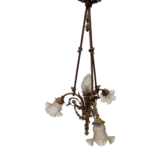 Louis XVI Style Chandelier in Bronze and Frosted Glass For Sale