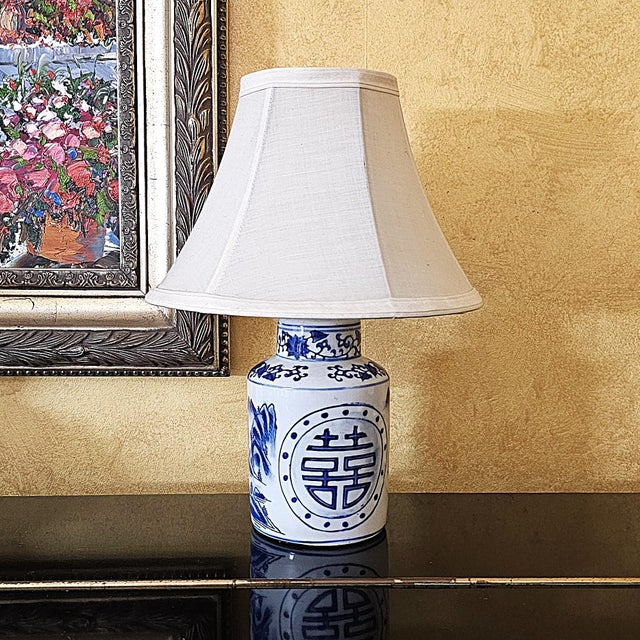 Vintage Blue & White Chinoiserie Porcelain Table Lamp With Double Happiness Symbol For Sale - Image 17 of 18