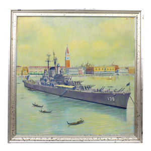 1950s Oil Painting Uss Salem Heavy Cruiser Battleship Venice Lagoon Sapporetti