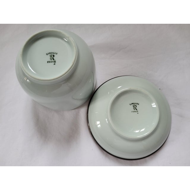 Mid-Century Modern Vintage Celadon Porcelain Lidded Pot and Saucer with Bronze Hazelnut from Royal Limoges, 1960s, Set of 2 For Sale - Image 3 of 9