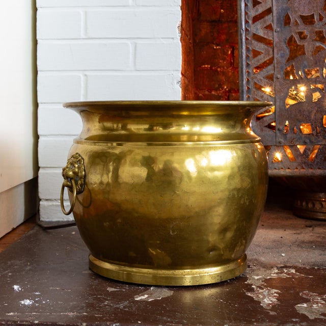 English Brass Plated Lions Heads Firewood Holder or Large Planter For Sale - Image 3 of 13