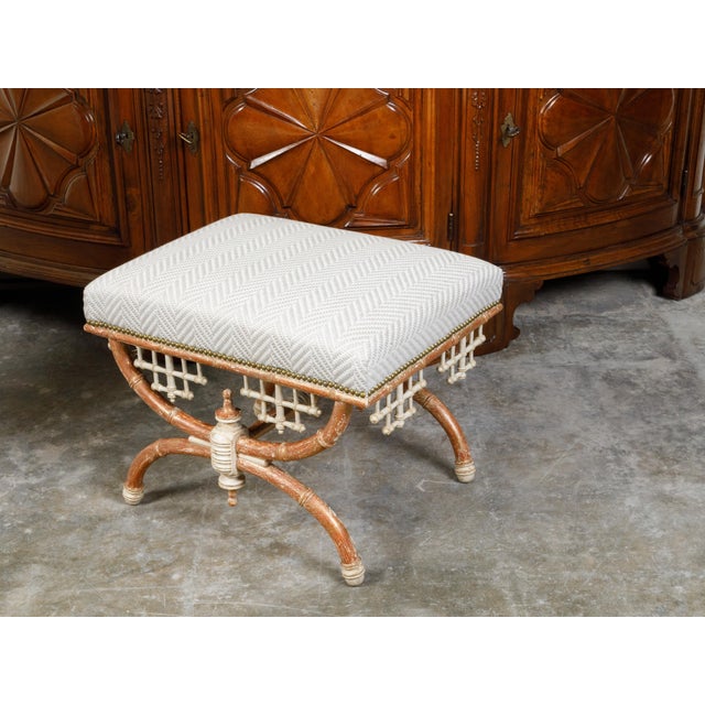 English Chinese Chippendale Style Faux Bamboo Stool with New Upholstery For Sale - Image 11 of 12