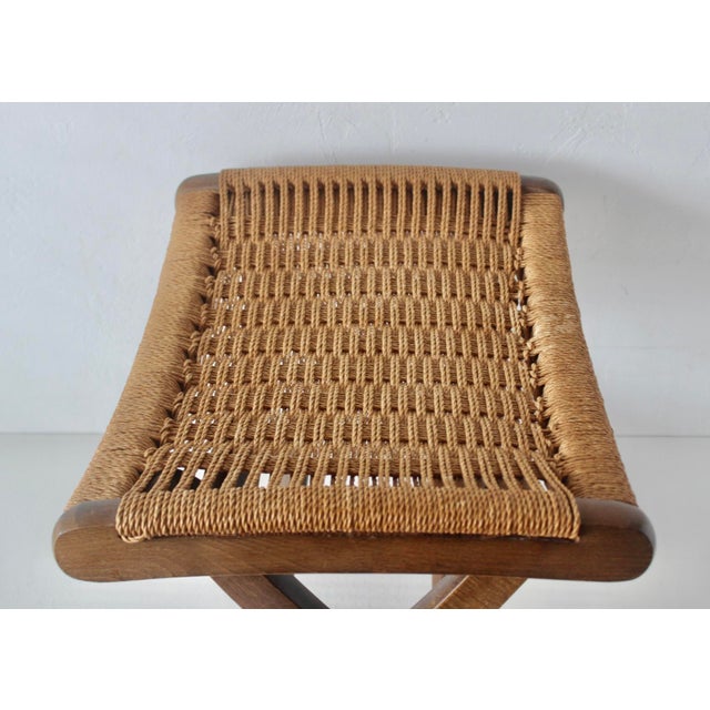 Mid-Century Danish Modern Hans Wegner Style Wood Rope Cord Folding Stool Ottoman For Sale - Image 11 of 18