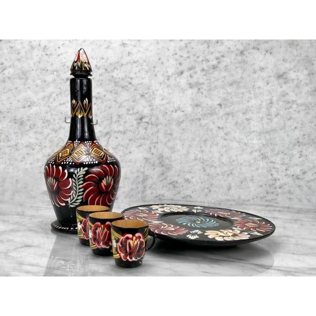 Farmhouse Vintage Russian Folk Art Wood Turned Decanter Cordial Serving Set For Sale - Image 3 of 9