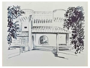 Hermann Paul, Old Building, Original Drawing, Early 20th-Century