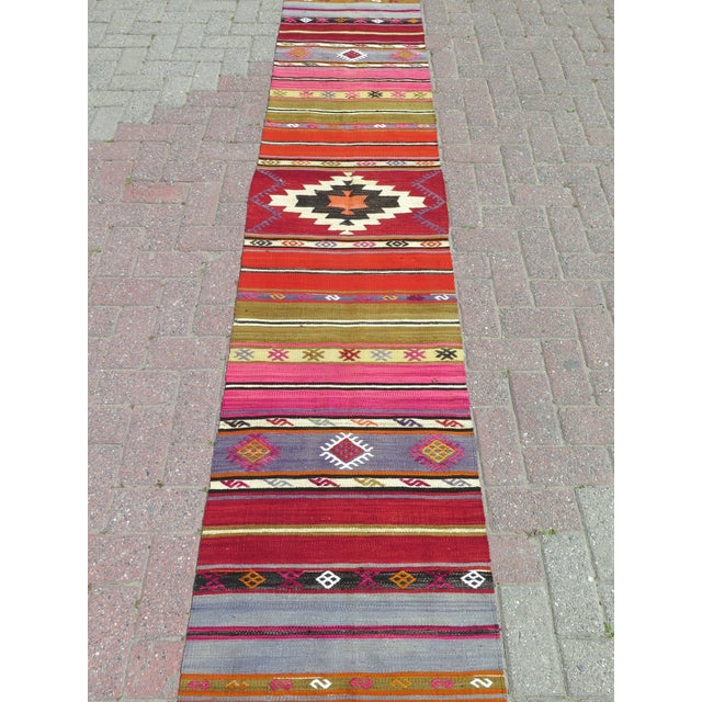 Mid-Century Modern Mid 20th Century Colofull Organic Wool Turkish Kilim Runner Hallway Rug For Sale - Image 3 of 11