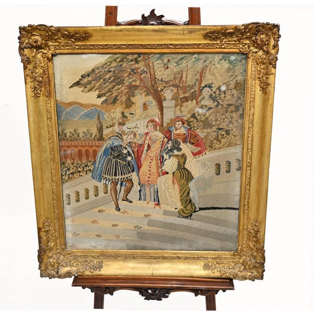 Gorgeous Italian tapestry needlepoint in a gilt frame Such intricate needlepoint work showing a nobleman on the steps of...
