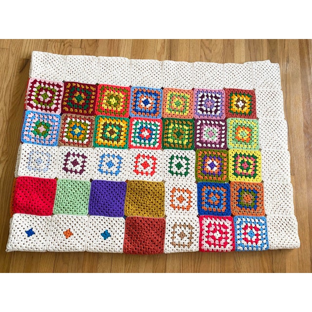 1970s Granny Square Cotton Cottagecore Rainbow Afghan For Sale - Image 5 of 12