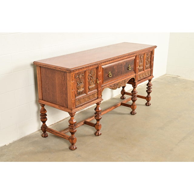 Romweber Early Romweber Antique English Jacobean Carved Oak and Burl Wood Sideboard, Circa 1900 For Sale - Image 4 of 18