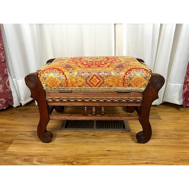 Late 19th Century Late 19th Century Victorian Carved Oak Upholstered Storage Bench by Clark, Hunsiker & Co. For Sale - Image 5 of 13