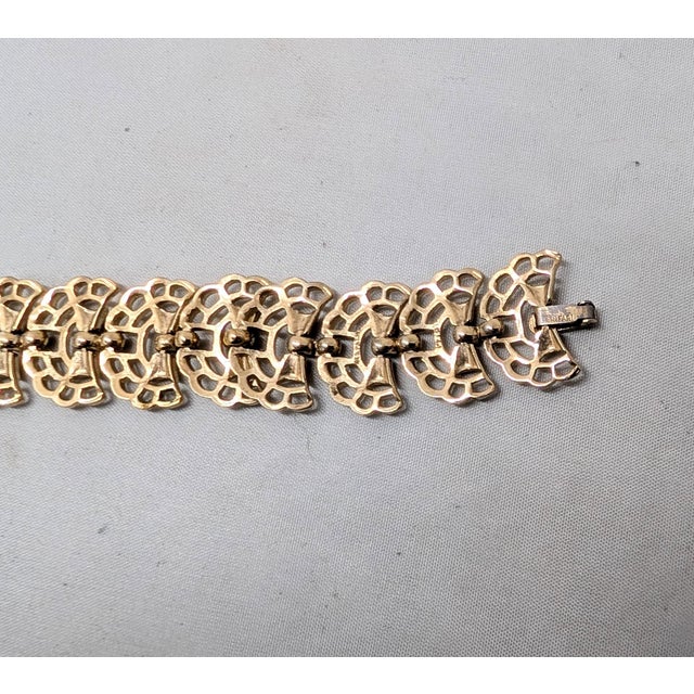 Metal Vintage 1950s Signed Crown Trifari Goldtone Filigree Link Bracelet For Sale - Image 7 of 9