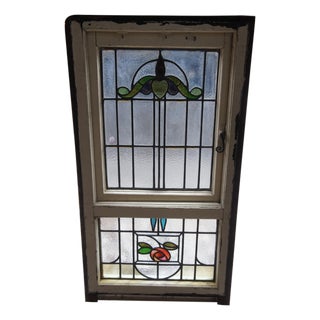 Antique Victorian Art Nouveau Leaded Stained Glass Window Floral Hinged Door For Sale