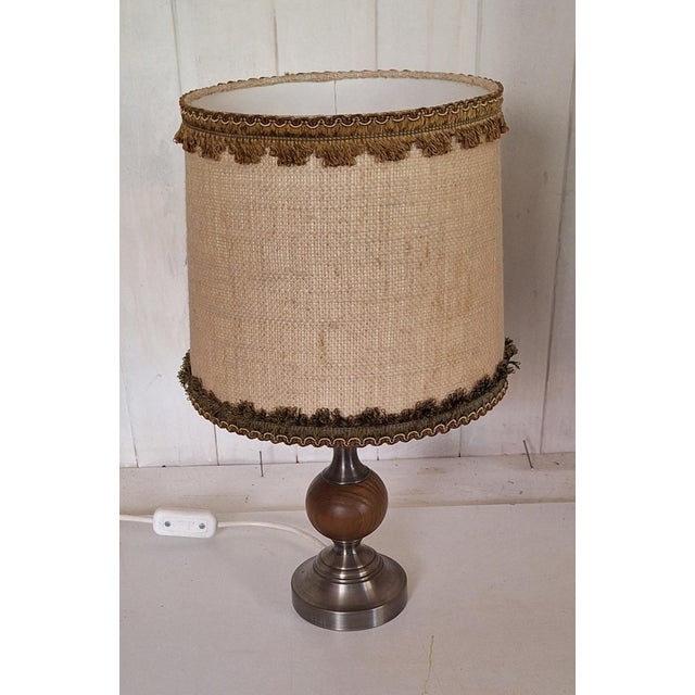 Rustic German Table Lamp with Metal and Oak Base and Beige Fabric Shade from Raab-Leuchten, 1970s For Sale - Image 4 of 8