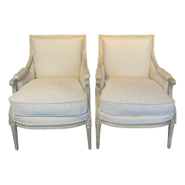 19th Century French Louis XVI Painted Bergère Chairs -a Pair For Sale