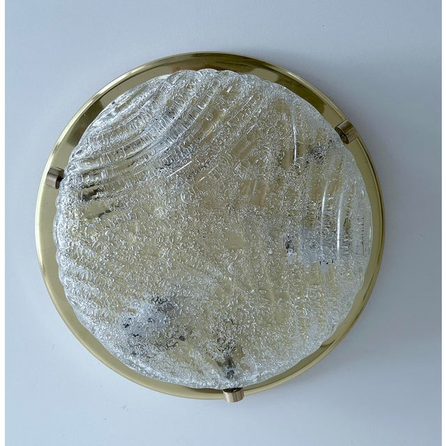 Vintage Murano Glass flush mount light, structured glass mounted on brass base with 3 large knoby handles Dimensions and :...