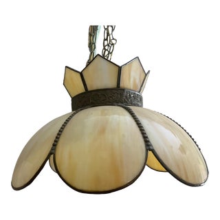 Vintage Mid-Century Modern 8 Panel Slag Glass Tulip Hanging Light For Sale