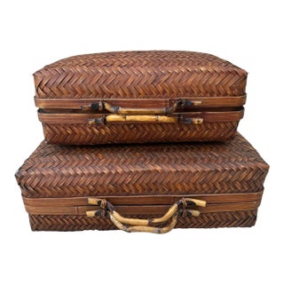Vintage Woven Rattan Nesting Suitcase-A Pair For Sale