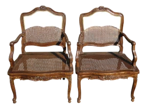 Pair Vintage French Louis XVI Carved Wood & Cane Bergere Accent Chairs