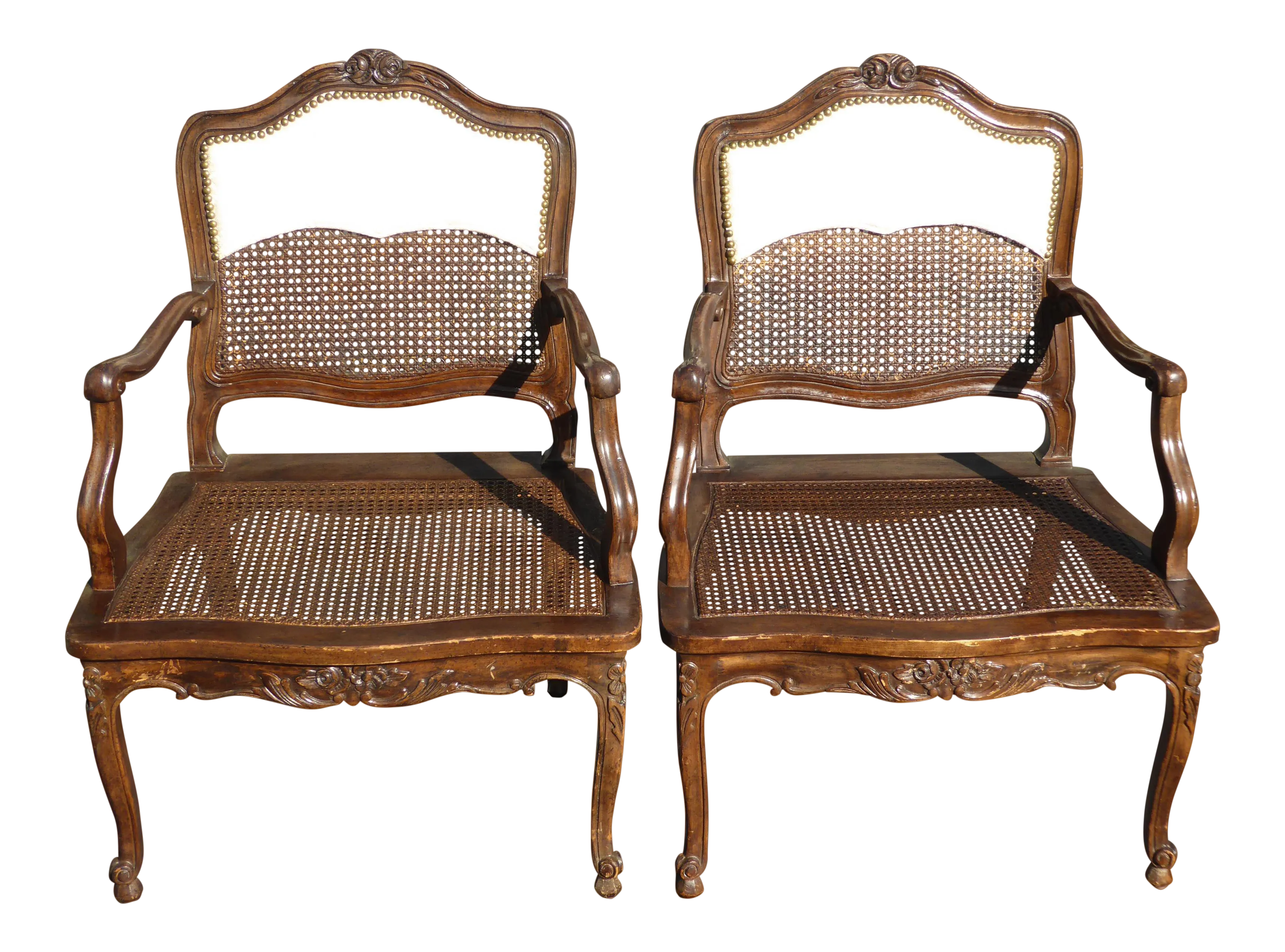 Vintage French Country Carved Wood & Cane Accent Chairs - A Pair - image 0