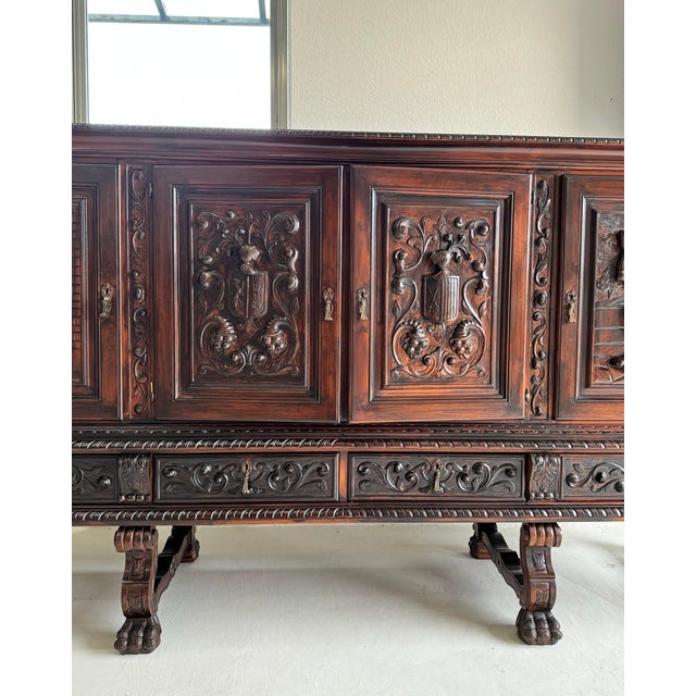 Spanish Revival 1950s Heavily Carved Spanish Style MCM Sideboard W/ All Keys For Sale - Image 3 of 12